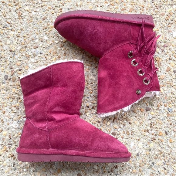 Bearpaw Arya Burgundy Suede Wool Fringe Boots 6 - Picture 2 of 8